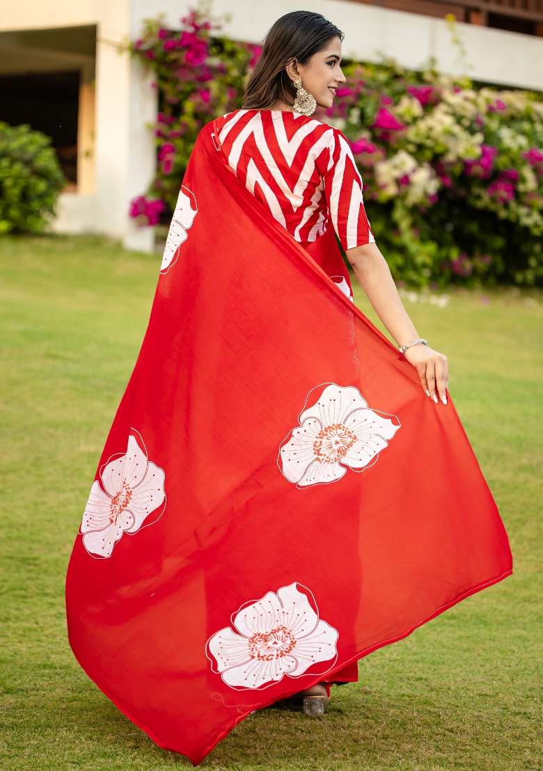 Red Cotton Saree Set with Printed for Diwali | Wedding & Festive Wear - Indya