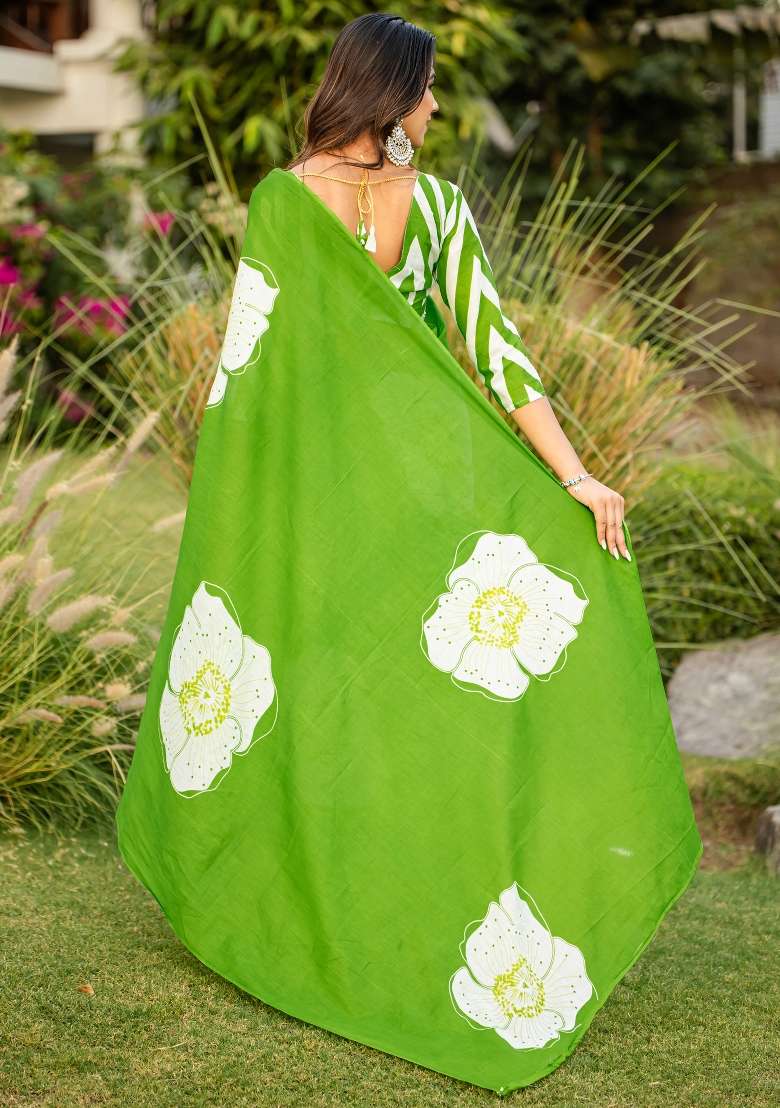 Light Green Cotton Saree Set with Printed for Diwali | Wedding & Festive Wear - Indya
