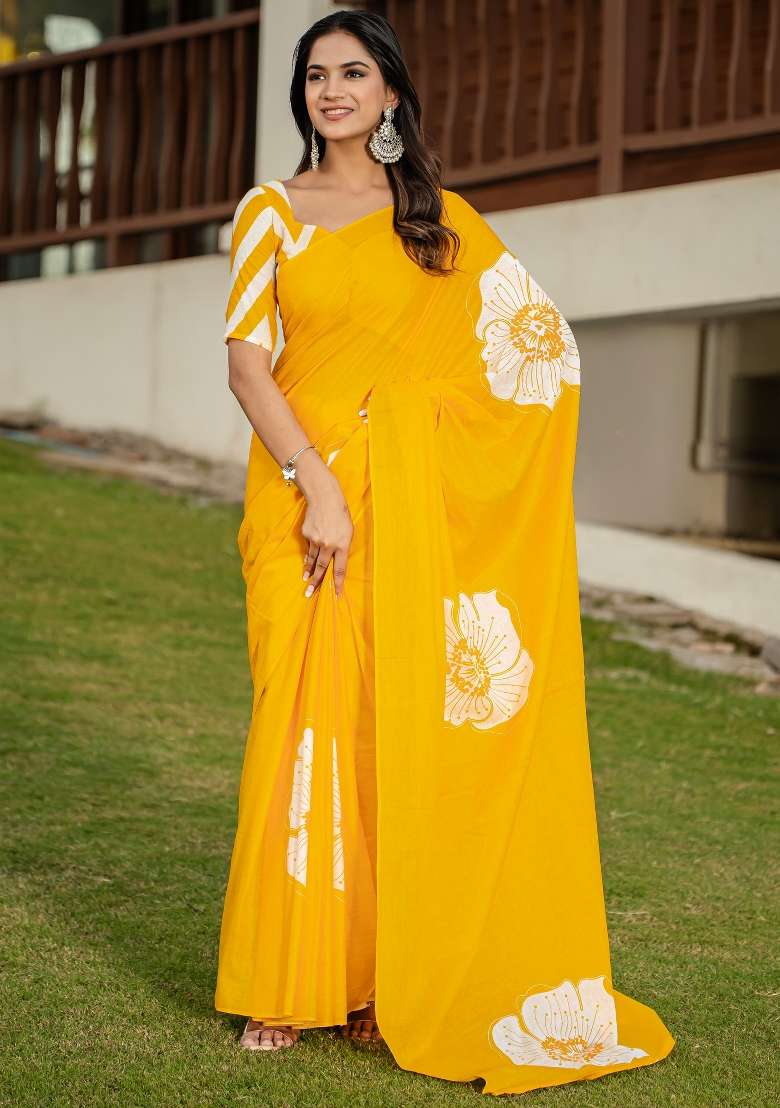 Yellow Printed Cotton Saree Set - Indya