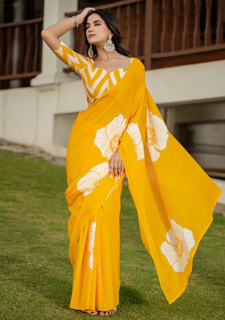 Yellow Printed Cotton Saree Set - Indya