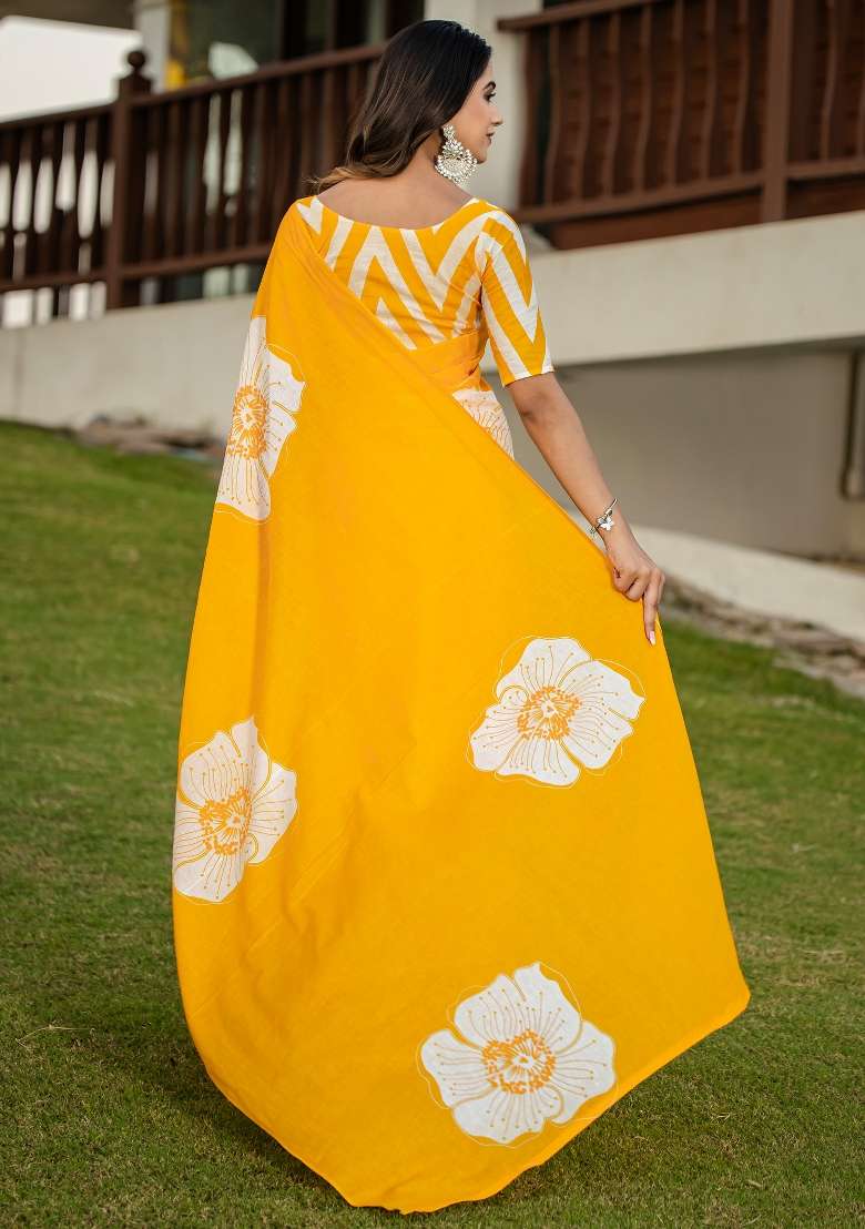 Yellow Printed Cotton Saree Set - Indya