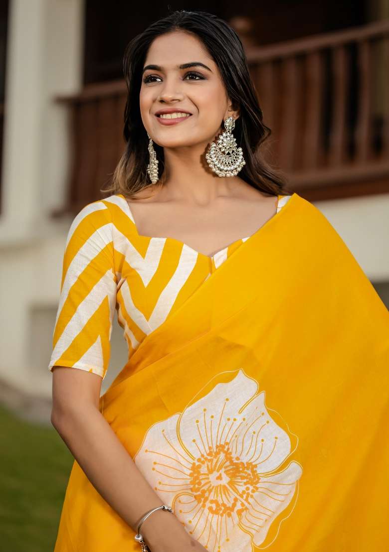 Yellow Printed Cotton Saree Set - Indya