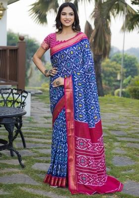 Navy Blue Printed Cotton Saree Set