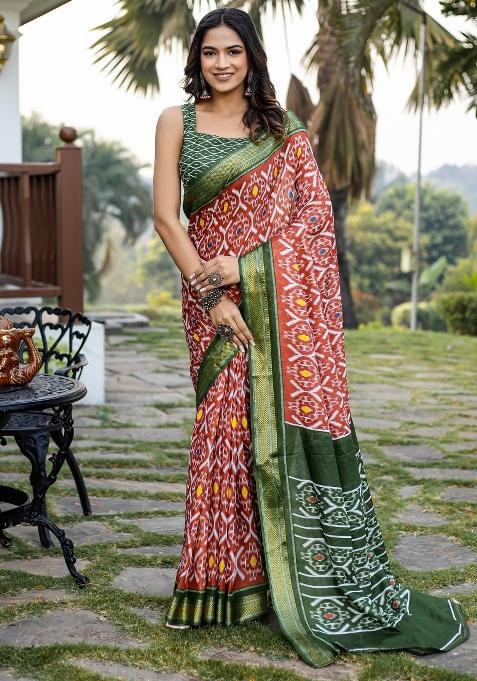 Rust Printed Cotton Saree Set — view on Indya