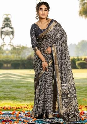 Grey Printed Cotton Saree Set