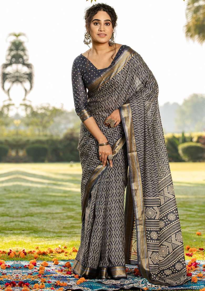 Grey Printed Cotton Saree Set - Indya