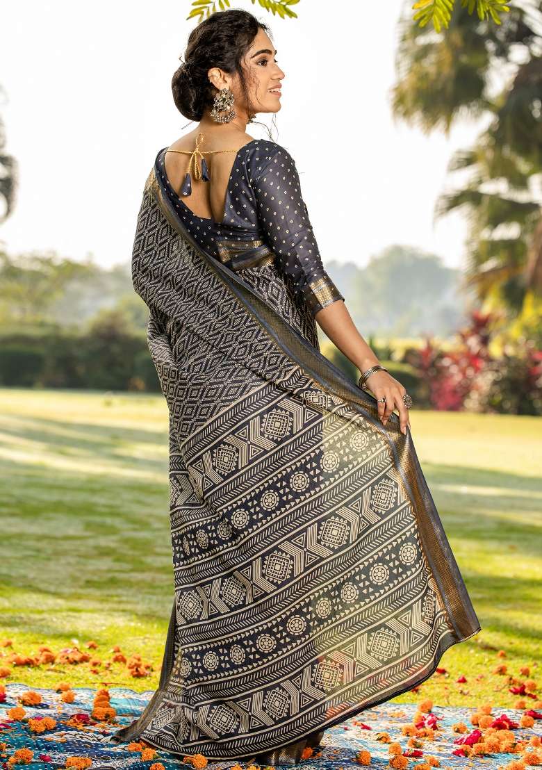 Grey Printed Cotton Saree Set - Indya