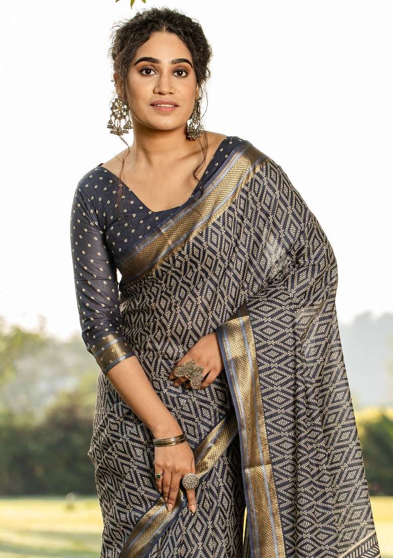 Grey Printed Cotton Saree Set - Indya