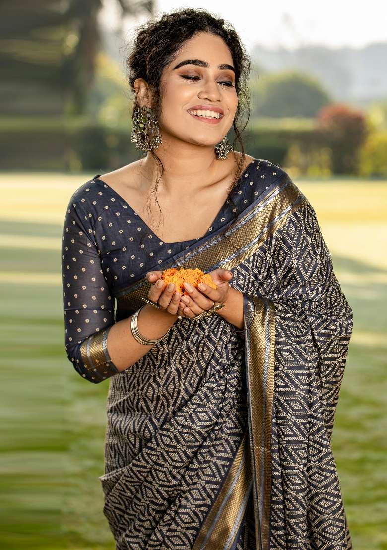 Grey Printed Cotton Saree Set - Indya