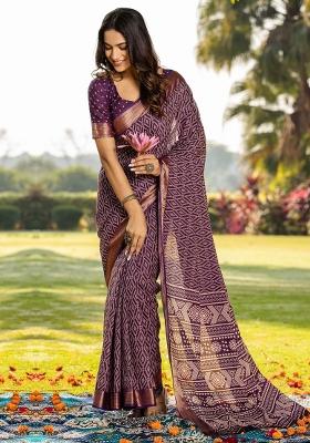 Magenta Printed Cotton Saree Set