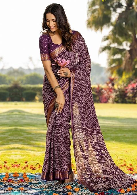 Magenta Printed Cotton Saree Set — view on Indya