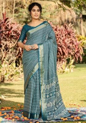 Teal Blue Printed Cotton Saree Set