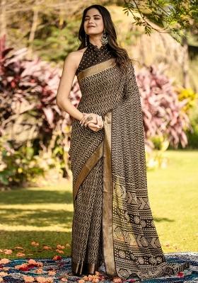 Brown Printed Cotton Saree Set