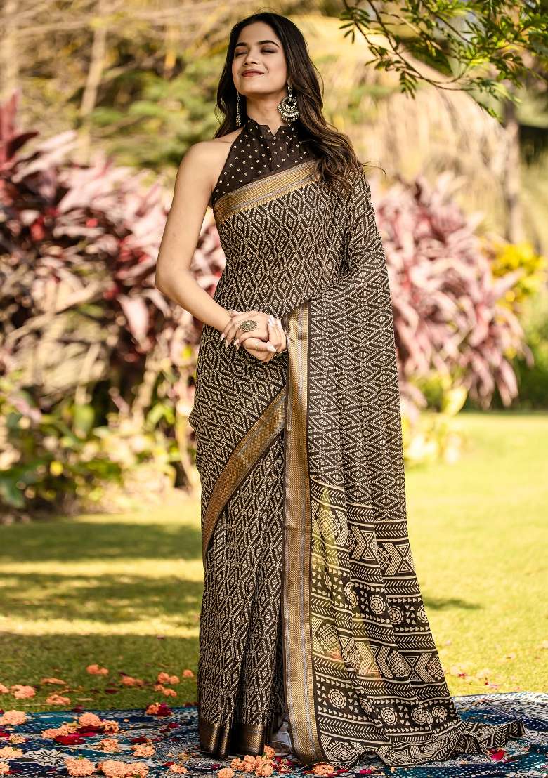 Brown Printed Cotton Saree Set - Indya