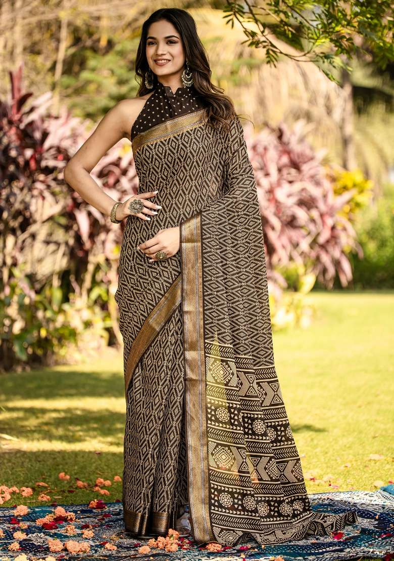 Brown Printed Cotton Saree Set - Indya