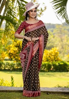 Brown Printed Cotton Saree Set