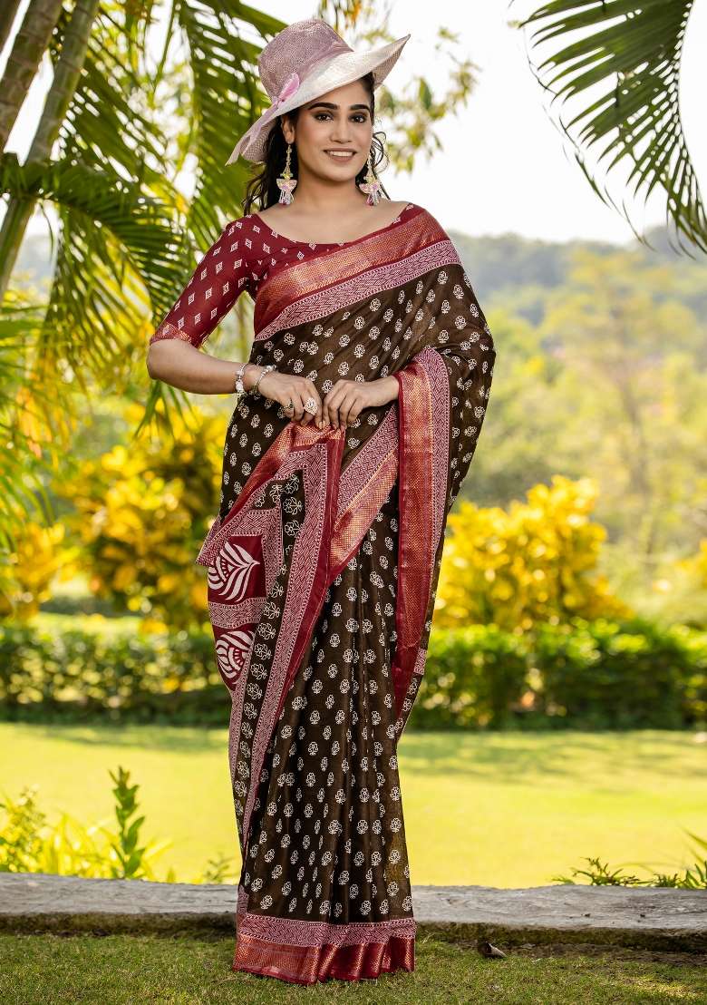 Brown Printed Cotton Saree Set - Indya