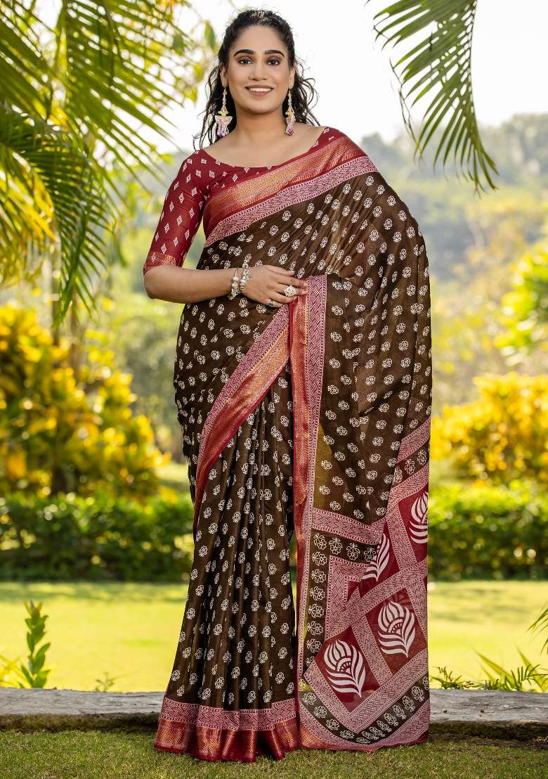 Brown Printed Cotton Saree Set - Indya