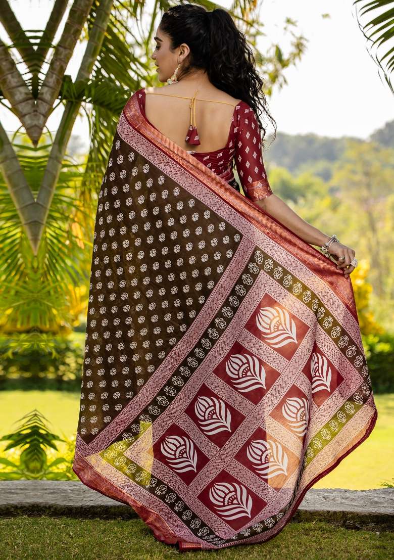 Brown Printed Cotton Saree Set - Indya