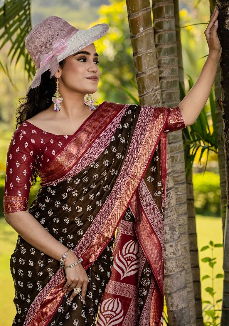 Brown Printed Cotton Saree Set - Indya