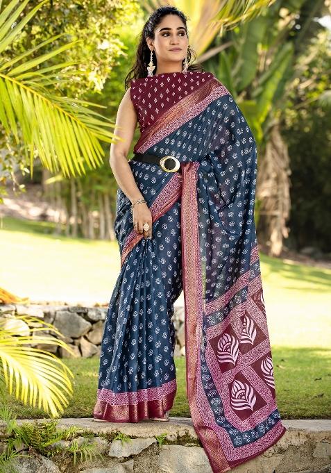 Navy Blue Printed Cotton Saree Set — view on Indya