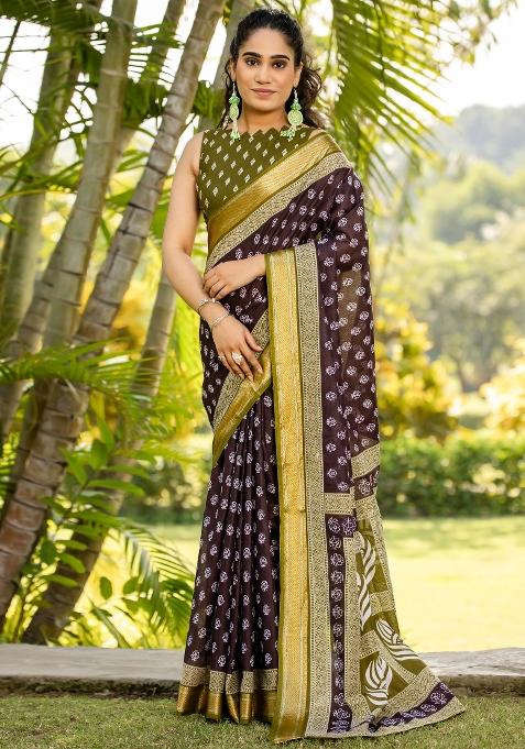 Purple Printed Cotton Saree Set — view on Indya