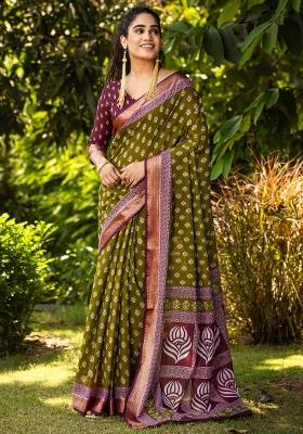 Light Green Printed Cotton Saree Set