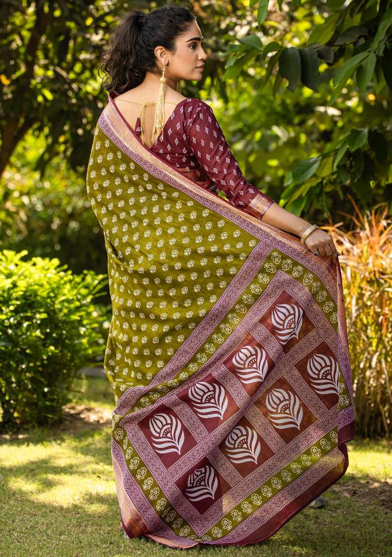 Light Green Printed Cotton Saree Set for Diwali and Festive Wear - Indya