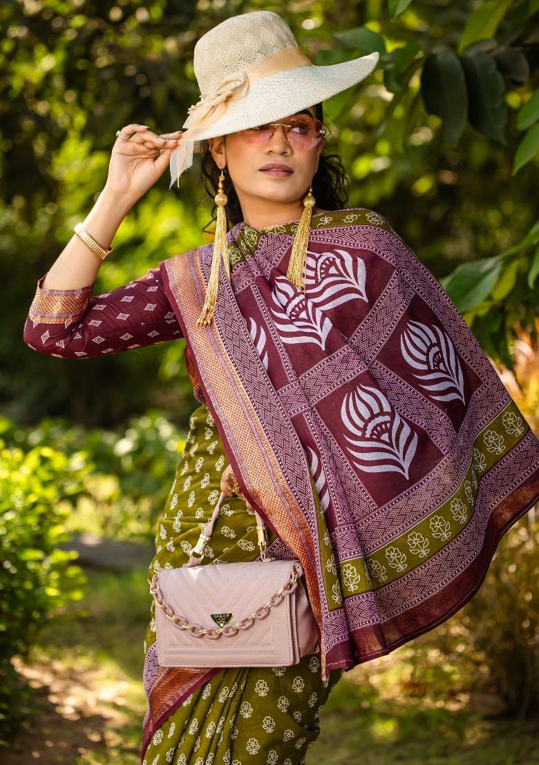 Light Green Printed Cotton Saree Set for Diwali and Festive Wear - Indya