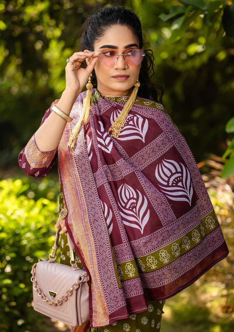 Light Green Printed Cotton Saree Set for Diwali and Festive Wear - Indya