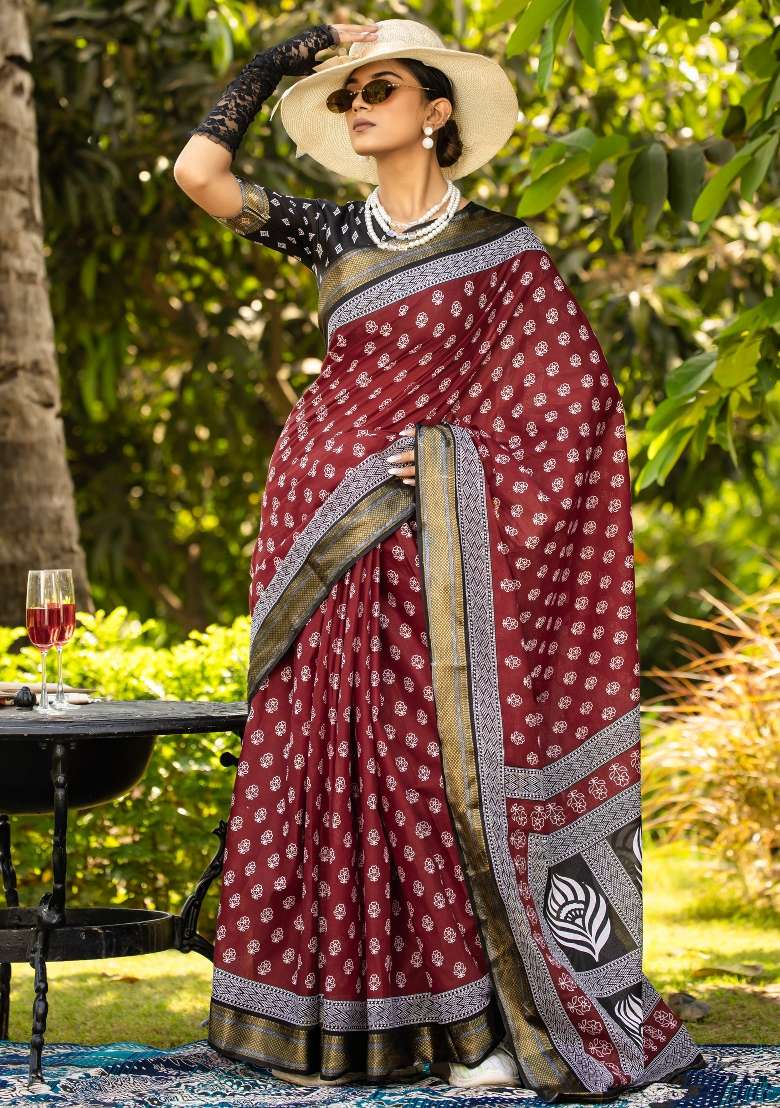 Maroon Printed Cotton Saree Set - Indya