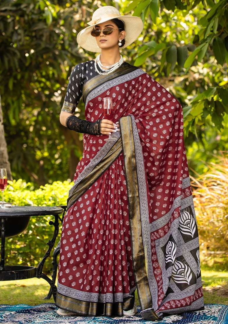 Maroon Printed Cotton Saree Set - Indya