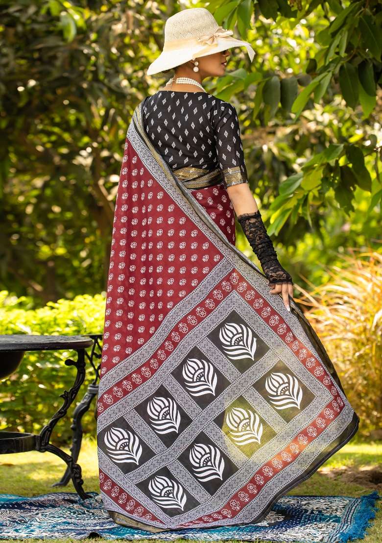 Maroon Printed Cotton Saree Set - Indya