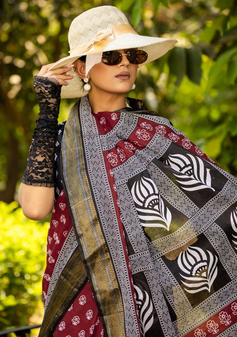 Maroon Printed Cotton Saree Set - Indya