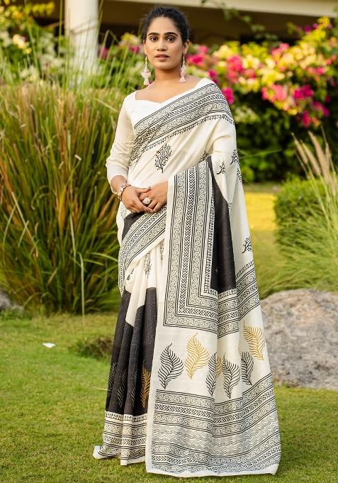 White Printed Bhagalpuri Silk Saree Set — view on Indya