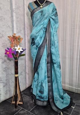 Light Blue Printed Linen Blend Saree Set