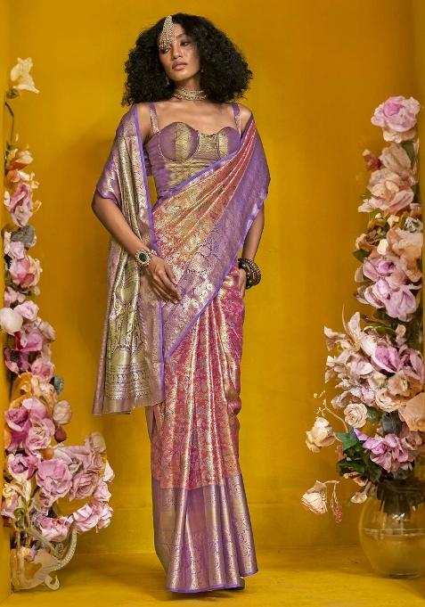 Pink Printed Kanjeevaram Silk Saree Set — view on Indya