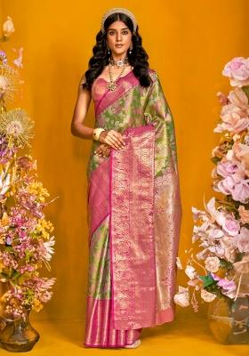 Light Green Printed Kanjeevaram Silk Blend Saree Set