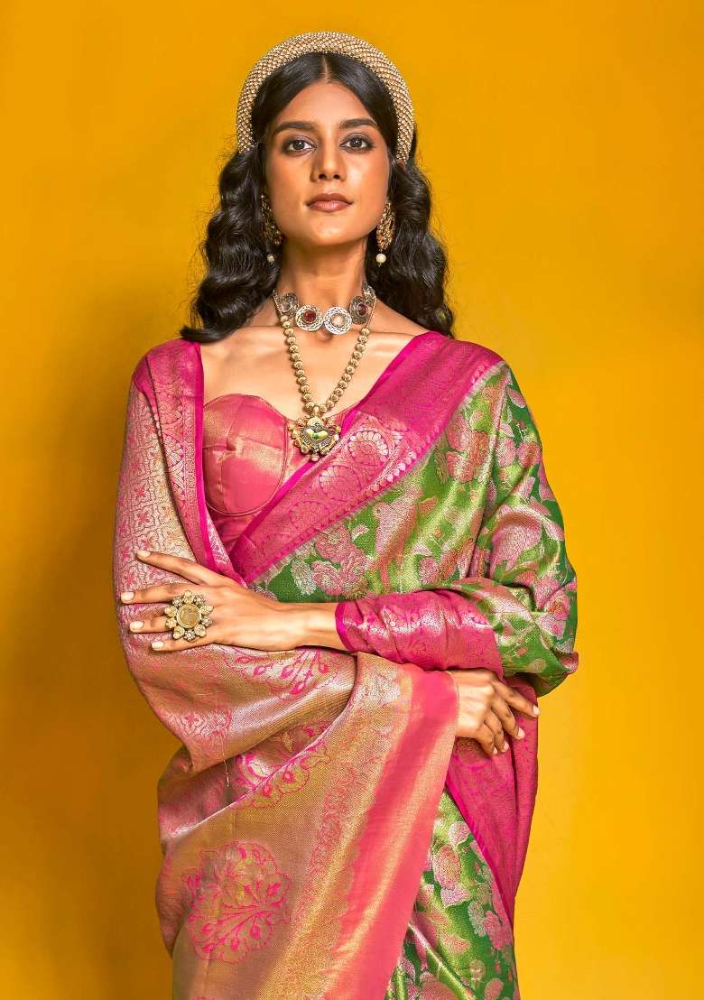 Light Green Printed Kanjeevaram Silk Blend Saree Set for Diwali and Festive Wear - Indya