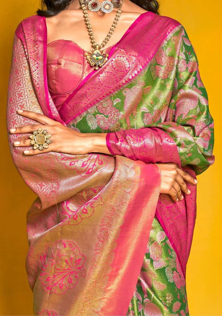 Light Green Printed Kanjeevaram Silk Blend Saree Set for Diwali and Festive Wear - Indya