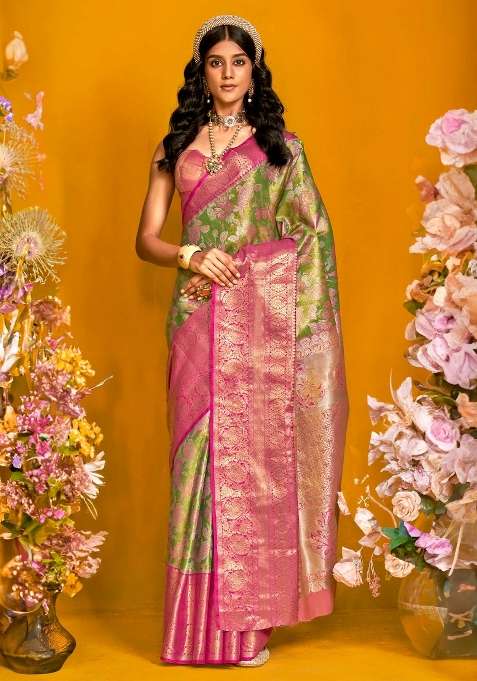 Light Green Printed Kanjeevaram Silk Blend Saree Set for Diwali and Festive Wear