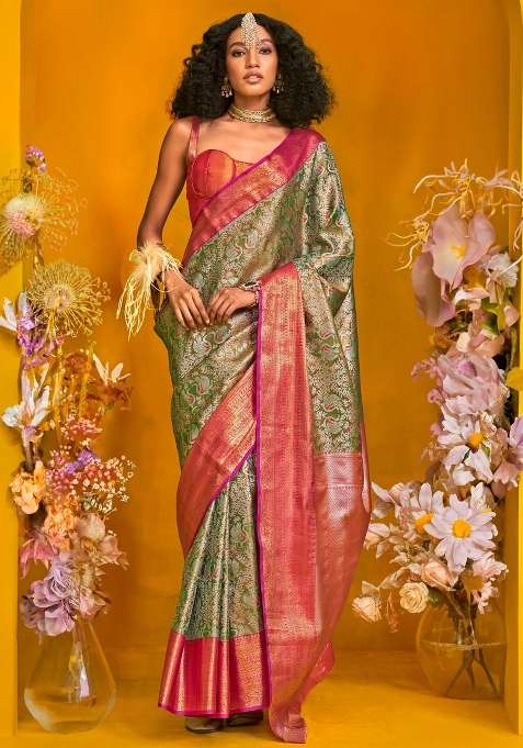 Green Printed Kanjeevaram Silk Blend Saree Set for Diwali and Festive Wear