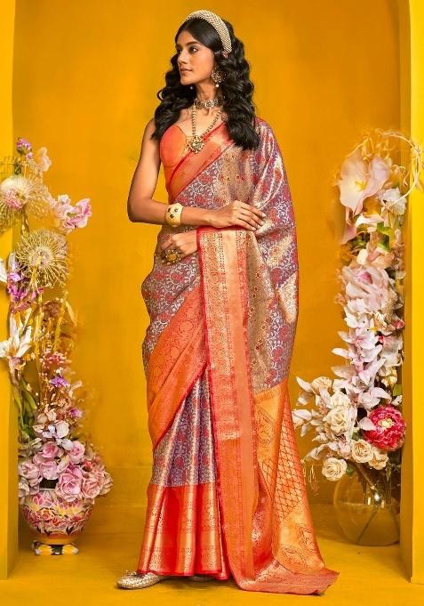 Metallic Printed Kanjeevaram Silk Saree Set — view on Indya