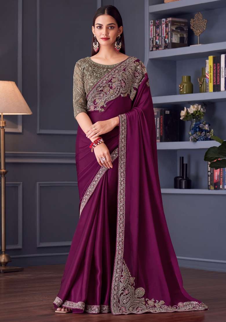 Magenta Printed Satin Saree Set - Indya