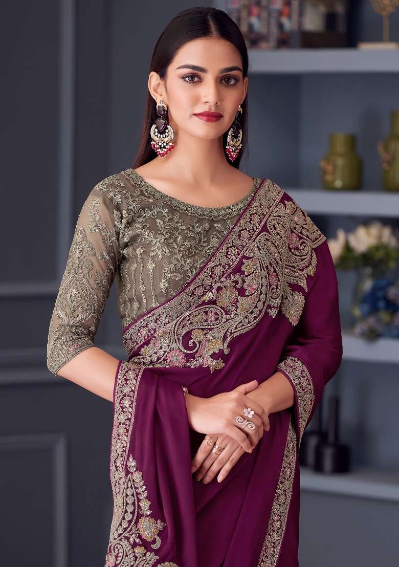 Magenta Printed Satin Saree Set - Indya
