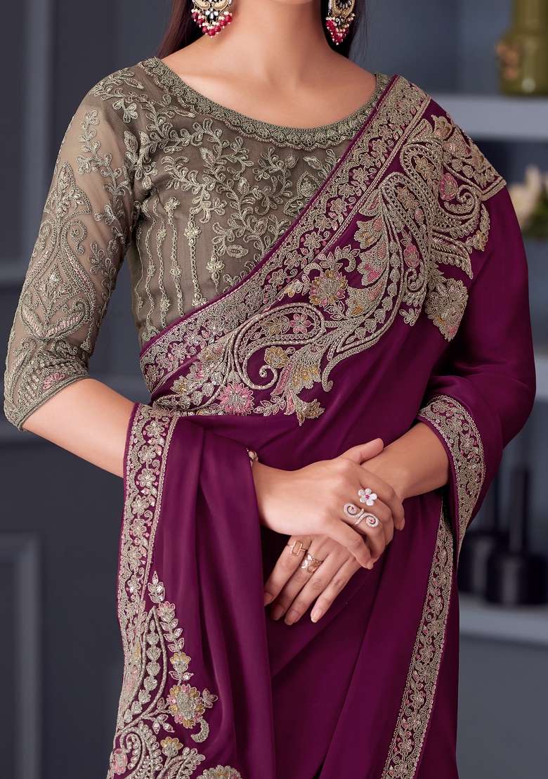Magenta Printed Satin Saree Set - Indya