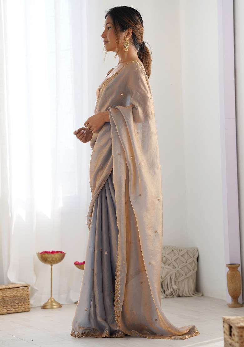 Metallic Printed Paper Silk Blend Saree Set for Diwali and Festive Wear - Indya