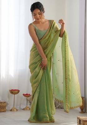Light Green Printed Paper Silk Blend Saree Set