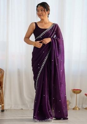 Magenta Printed Paper Silk Blend Saree Set