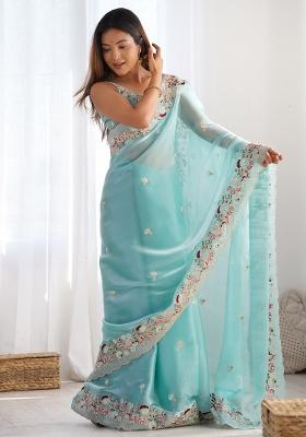 Light Blue Printed Organza Saree Set